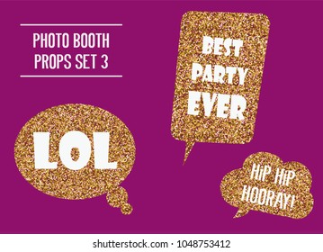 Golden glitter photo booth props  vector illustration. Design elements with birthday party  speech bubbles for photo booth shooting 