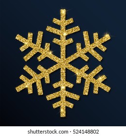 Golden glitter pretty snowflake. Luxurious christmas design element with golden glitter snowflake, golden dust and sparkles. Golden snowflake vector illustration.