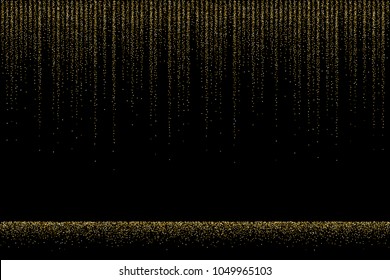 Golden glitter rain on black background. Vector design texture.