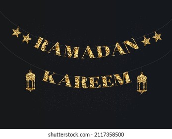 Golden Glitter Ramadan Kareem With Stars, Lanterns String On Black Light Effect Background.