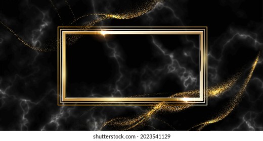 Golden glitter rectangle frames on black marble background. Border and design with gold sparkles. Modern glamorous Christmas card, New Year, wedding, anniversary celebration vector illustration.