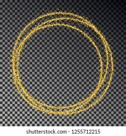 Golden glitter ring isolated on dark background. Shine gold circle of sparkle particles. Magic Christmas light circle effect, transparent. Vector illustration.