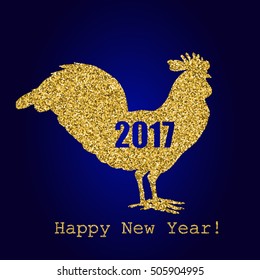 Golden glitter rooster on black background. Chinese calendar for the year of golden rooster 2017. Happy new year 2017. Vector illustration. Design element for festive banner, card, invitation