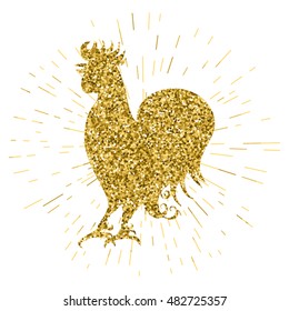 Golden glitter rooster on white background. Hand-drawn doodle silhouette . Vector illustration. Symbol 2017 New Year Chinese horoscope.