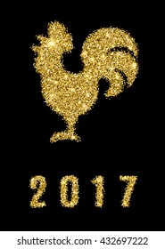 Golden glitter rooster with sparkles on black background. Chinese symbol for the year 2017. Rooster silhouette with gold glitter confetti numbers 2017. Vector illustration.