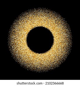 Golden glitter round frame. Gold glittering border with shiny particles on dark background. Vector illustration design template.