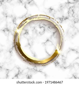 Golden glitter round frame on white marble background. Brush border design with gold sparkles. Modern glamorous Christmas card, New Year, wedding, anniversary celebration vector illustration.