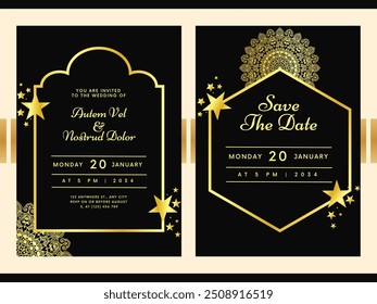 Golden Glitter Save the Date wedding invitation mandala design template