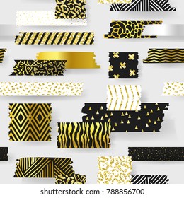 Golden Glitter Seamless Pattern with Geometric Elements and Patches. Gold Fabric Background. Vector illustration