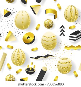 Golden Glitter Seamless Pattern with Geometric Elements. Gold Fabric Background. Vector illustration