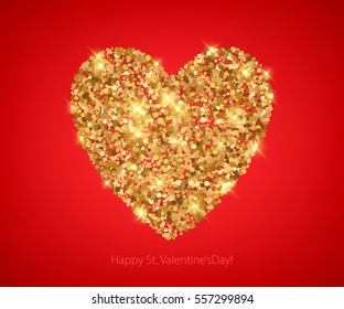 Golden glitter sequins heart on red background. Valentine's day wedding romantic vector illustration. Good for holiday poster banner greeting card design.