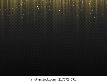Golden glitter and sequins on sunburst background. Abstract background. Golden beams of light with glowing magic dust. Glows in the dark. Flying particles of light. Vector illustration. Christmas.