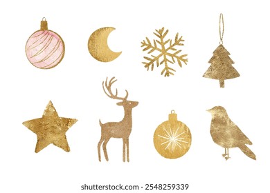 Golden glitter shiny Christmas decorations set, gold sparks and stars, moon crescent, snowflake, glass of champagne, christmas tree, deer and bird.