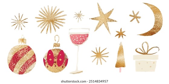 Golden glitter shiny christmas festive elements, gol sparks and stars, moon crescent, gift box, glass of champagne, christmas tree.