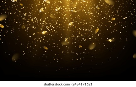 Golden glitter shower in light rays realistic vector illustration. Shimmering confetti rain 3d design. Party decor on black background