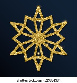 Golden glitter sightly snowflake. Luxurious christmas design element with golden glitter snowflake, golden dust and sparkles. Golden snowflake vector illustration.