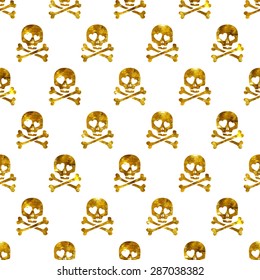 Golden glitter skulls in love seamless pattern. Vector background.