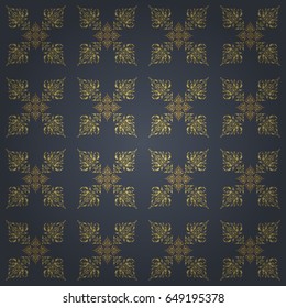 Golden glitter snowflakes on a gray background. Vector illustration. Winter snow design wallpaper. Symbol holiday, New Year 2018 celebration. Christmas gold snowflakes seamless pattern.