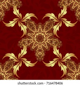 Golden glitter snowflakes on a red background. Vector illustration. Symbol holiday, New Year 2018 celebration. Christmas gold snowflakes seamless pattern. Winter snow design wallpaper.