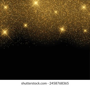 Golden glitter sparkle on a black background. Gold Vibrant background with twinkle lights.