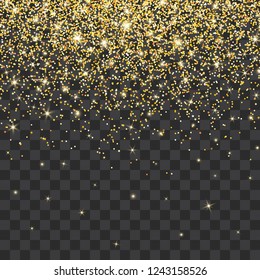 Golden glitter sparkle on a transparent background. Gold Vibrant background with twinkle lights. Vector illustration.