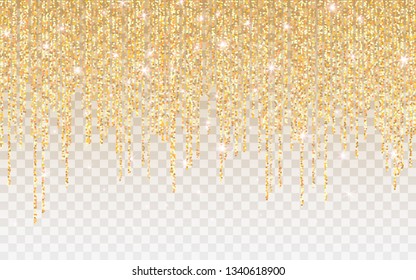 Golden glitter sparkle on a transparent background. Gold Vibrant background with twinkle lights. Vector illustration.