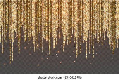 Golden glitter sparkle on a transparent background. Gold Vibrant background with twinkle lights. Vector illustration.