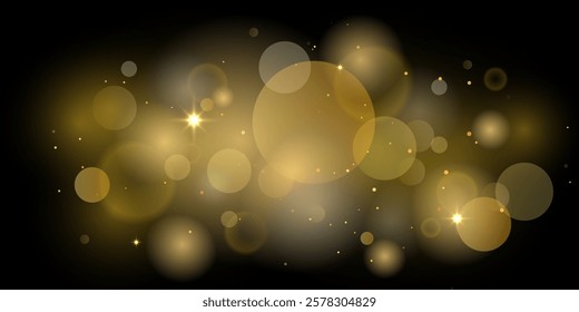 Golden glitter sparkles bokeh on isolated black background. Abstract shiny gold glitter sparkles bokeh element