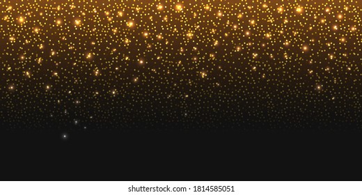 Golden glitter sparkles and glowing luminous stardust on dark background. Flying shiny Christmas sparks with shimmer light effect, luxury decorative backdrop. Vector illustration