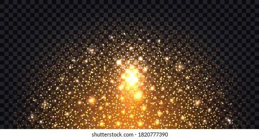 Golden glitter sparkles and glowing luminous stardust on dark background. Flying shiny Christmas sparks with shimmer light effect burst, luxury decorative backdrop. Vector illustration