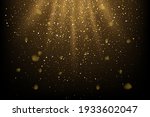 Golden glitter and sparkles in sun rays background. Yellow lines in shiny light vector illustration. Bright dust sparkling on black wallpaper design. Christmas or holiday card decoration.