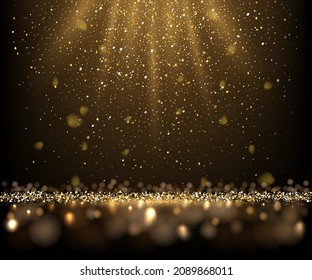 Brillo dorado y destellos en el fondo de los rayos solares. Líneas amarillas en brillante ilustración vectorial de luz. Polvo brillante que brilla sobre el diseño de papel pintado negro. Decoración de tarjetas de Navidad o de vacaciones.