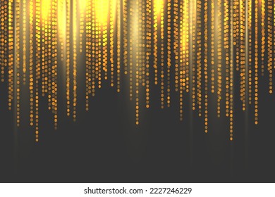Golden glitter and sparkles in sun rays background. Yellow lines in shiny light vector illustration. Bright dust sparkling on black wallpaper design. Christmas or holiday card decoration. 