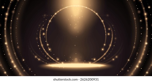 Golden glitter sparkles swirling around spotlight stage background, shimmering particles in dynamic lines converging to illuminated circle center. Festive award ceremony or luxury event backdrop.