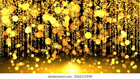 Golden glitter and sparkling stars create a festive Christmas background. Perfect for a Merry Christmas and Happy New Year greeting card, radiating warmth and holiday cheer.