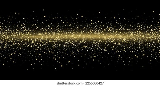 Golden glitter sparks, light effect, gradient dust particles on black background. Vector illustration, cartoon style 
