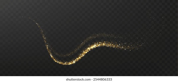 Brilho dourado faísca sobre fundo escuro transparente. Efeito de luz de Natal. Partículas de poeira mágica cintilante.