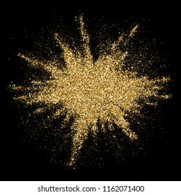 Golden glitter splash or gold powder particles splatter explosion. Vector abstract sparkling firework or luxury star dust on black background