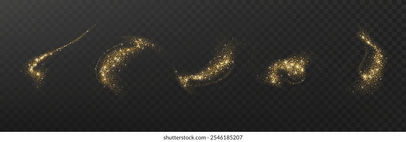 Golden glitter splash. Magical dust explosion. shimmer spray effect for festive holiday. Light and glitter particles isolated on a dark background.