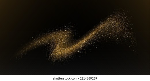 Golden glitter splash, shiny star dust explosion, shimmer spray effect, festive holiday particles isolated on a dark background. Vector illustration.