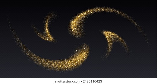 Golden glitter splash, shiny star dust explosion, shimmer spray effect, festive holiday particles isolated on a dark background. Vector illustration.