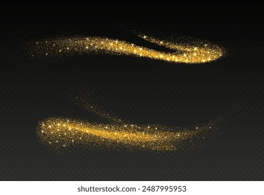 Golden glitter splash, shiny star dust explosion, shimmer spray effect, festive holiday particles isolated on a dark background. Vector illustration.