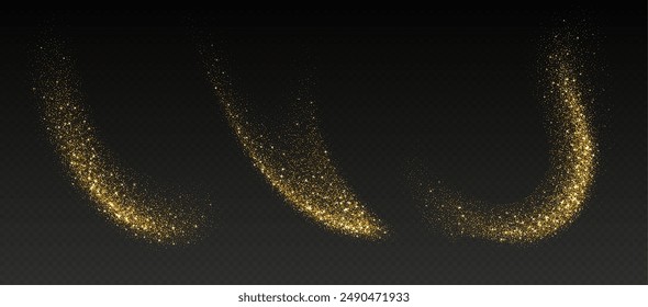 Golden glitter splash, shiny star dust explosion, shimmer spray effect, festive holiday particles isolated on a dark background. Vector illustration.