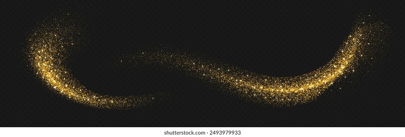 Golden glitter splash, shiny star dust explosion, shimmer spray effect, festive holiday particles isolated on a dark background. Vector illustration. Christmas decoration.