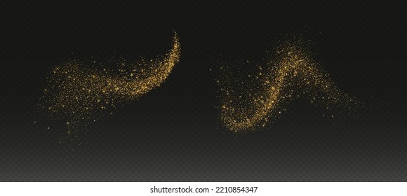 Golden glitter splashes, shiny star dust explosion, shimmer spray effect, festive holiday particles isolated on a dark background. Vector illustration.