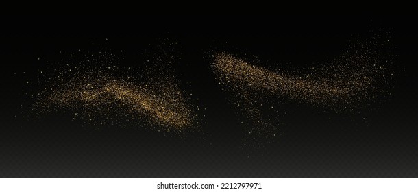 Esplandor dorado, brillante explosión de polvo de estrella, efecto de pulverización más brillante, partículas festivas aisladas en un fondo oscuro. Ilustración vectorial.