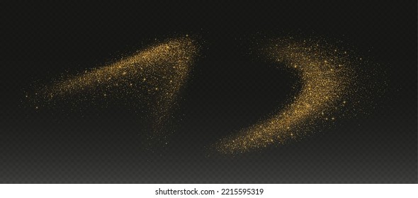 Golden glitter splashes, shiny star dust explosion, shimmer spray effect, festive holiday particles isolated on a dark background. Vector illustration.