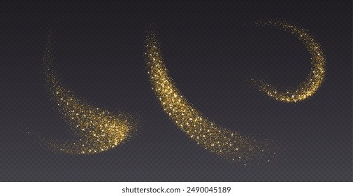 Golden glitter splashes, shiny star dust explosion, shimmer spray effect, festive holiday particles isolated on a dark background. Vector illustration.