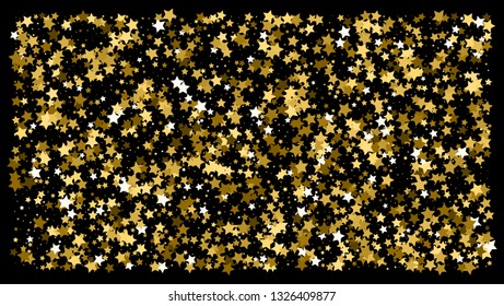 Golden glitter star confetti on a black background. Illustration of a drop of shiny gold stars. Decorative element. VIP cards, invitations, gift, luxury background for your design.
