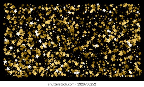 Golden glitter star confetti on a black background. Illustration of a drop of shiny gold stars. Decorative element. VIP cards, invitations, gift, luxury background for your design.